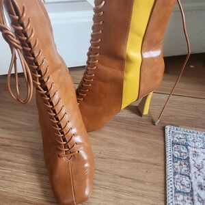 Elegant Brown and Yellow Lace-Up Boots